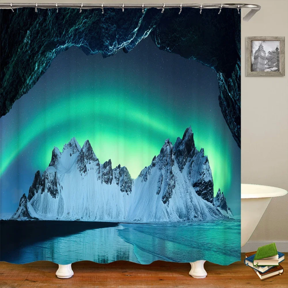 

Night Starry Sky Aurora Landscape Fabric Shower Curtain Waterproof Polyester Bathroom Curtains Home Decorate Curtains with Hooks
