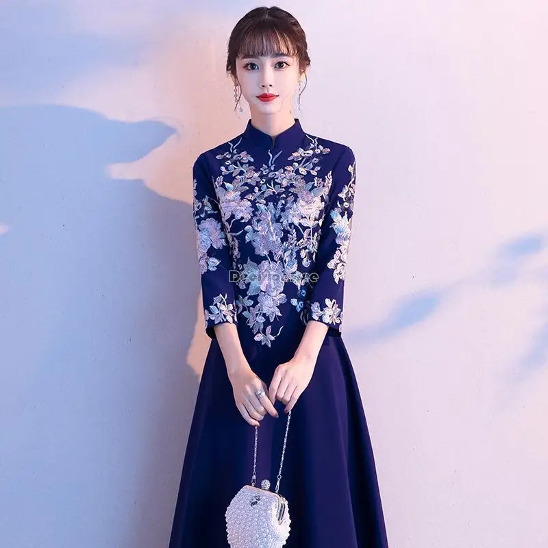 2023 cheongsam party dress female new improved chinese style long sleeve stand collar elegant long chinese style qipao dress s24