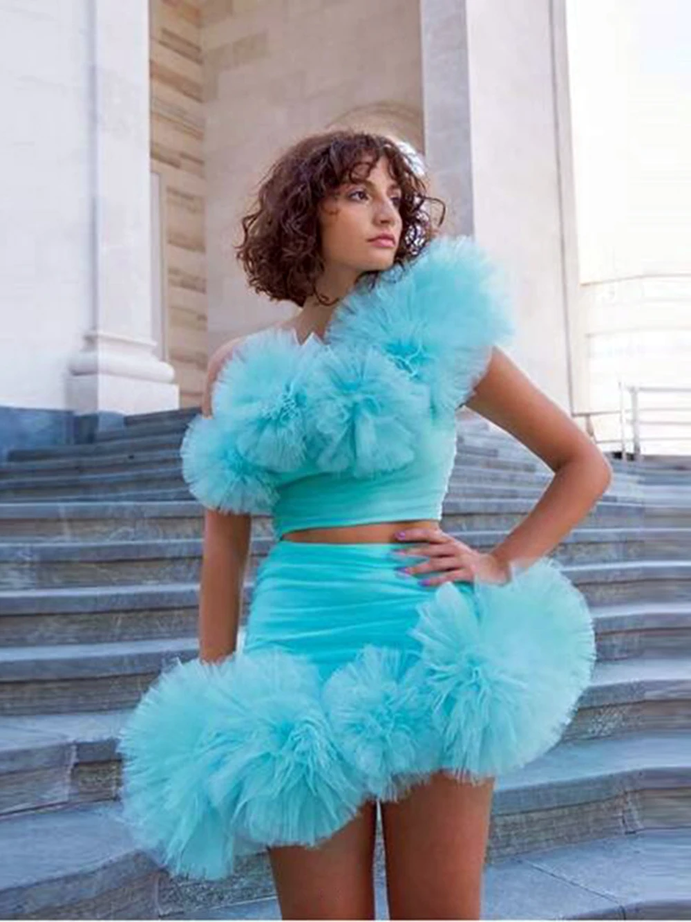 2 Pezzi Gonne Blu Cielo A Strati Ruffles Puffy One Shoulder Robes Custom Made Tulle Mini Party Sleepwear Celebrity Dresses