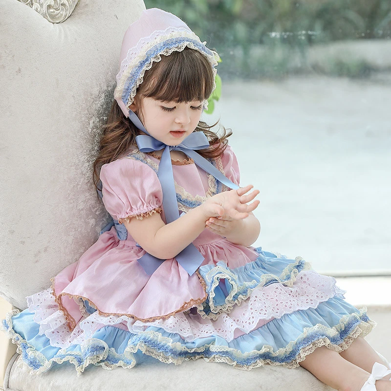 Birthday Dress Spanish Girls Boutique Dresses 2022 Summer Layered Children Lace Bow Embroidery Ball Gown Princess Clothes baby dresses