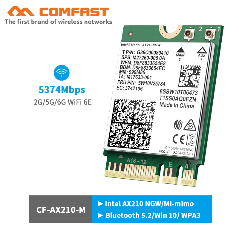 

WiFi6E Tri-Band 5374Mbps Network Card AX210NGW 2.4G/5.8G/6Ghz Dual Band 802.11AX Wlan WiFi Card support OFDMA MU-MIMO Intel 210