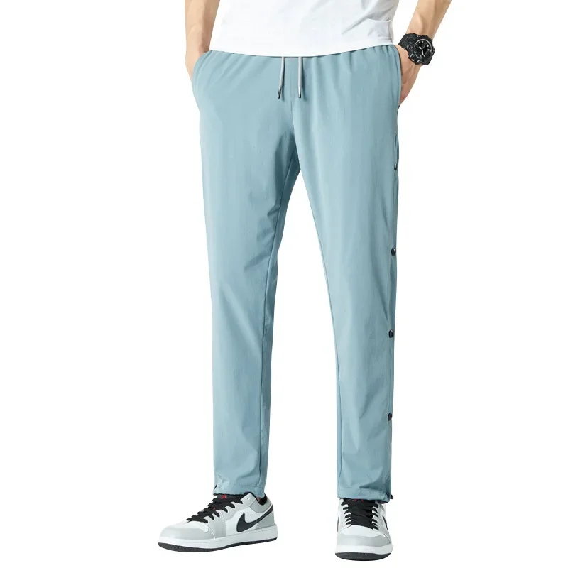Summer Quick Dry Sweatpants Men Sportswear Side Button Breathable Mesh Loose Casual Track Pants Straight Jogger Trousers