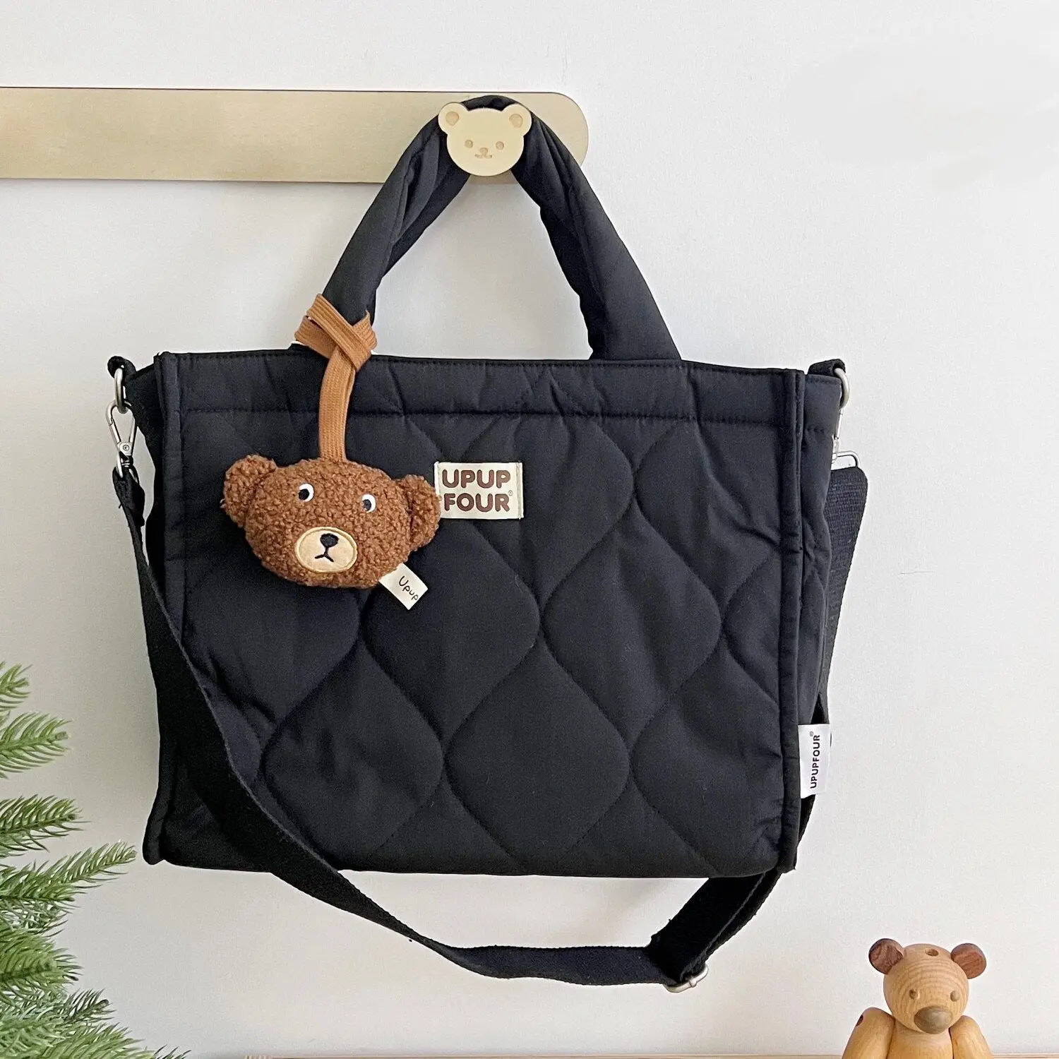 Women Padded Quilted Tote Bag Korean Fashion Cute Crossbody Bag Large Capaity Cloth Handbag Bear Pendant Black School Bags New