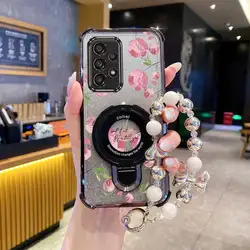 Pearl Strap Glitter Pink Flowers Phone Holder Case - Samsung A24 (Black)