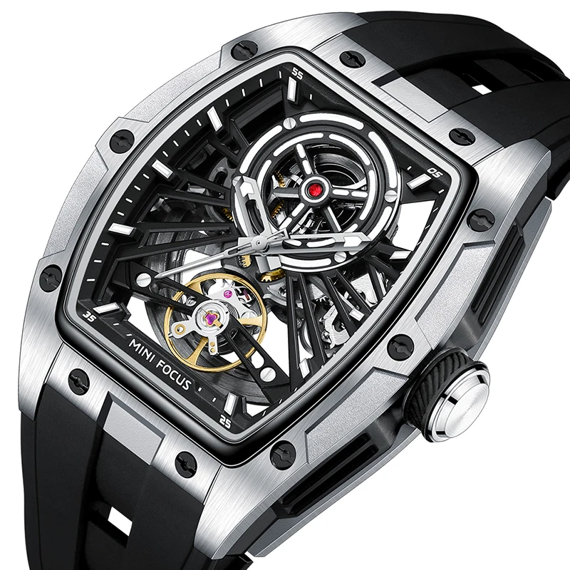 MINI FOCUS MF0603G Men Sports Automatic Watch Skeleton Barrel Mechanical Movement Silicone Strap Luminous Waterproof Watches