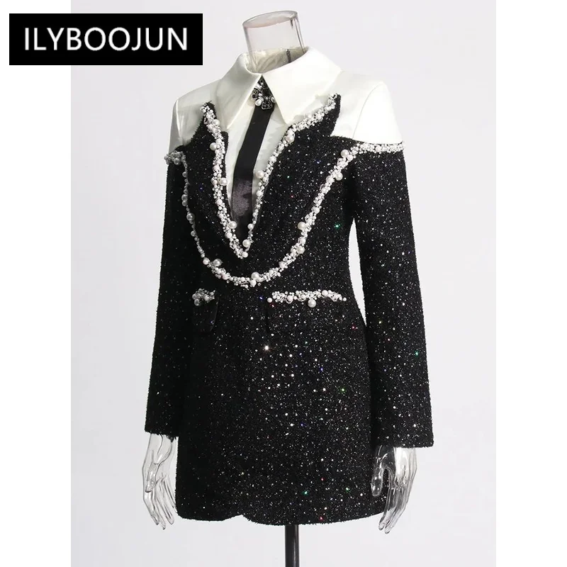 

ILYBOOJUN Colorblock Patchwork Sequins Dress For Women Lapel Long Sleeve High Waist Spliced Pearls Elegant Dresses Female New