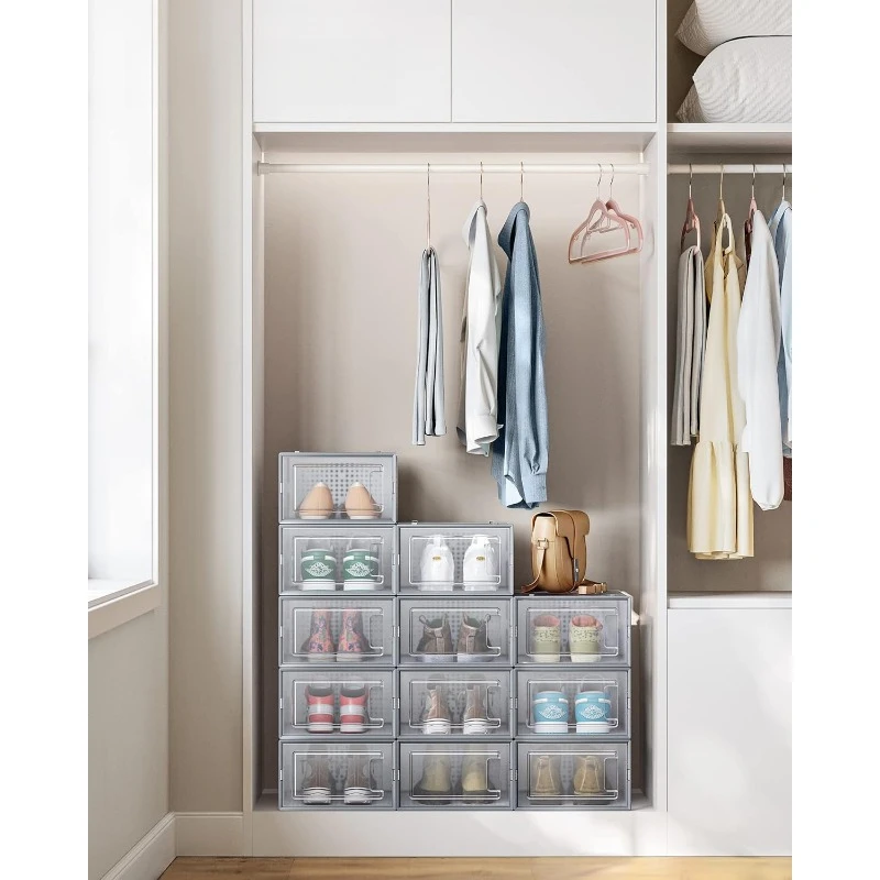 Shoe Boxes, Pack of 12 Shoe Storage Organizers, Stackable Clear Plastic Boxes for Closet, Sneakers, 9.1 x 13.1 x 5.6 Inches