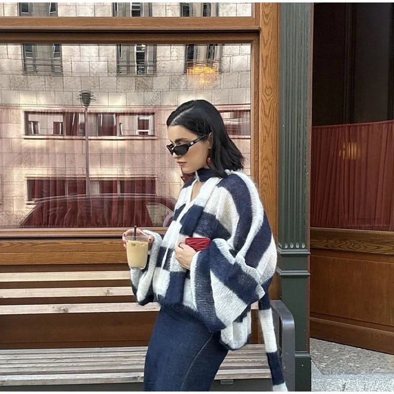 Loose Mohair Striped V-neck Cardigan Women With Scarf Fashion Lantern Sleeve Single Breasted Knitwear Casual Lady New Streetwear