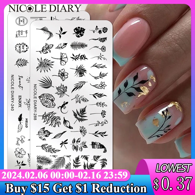 Nicole Diary Flower Leaves Nail Stamping Plates Leaf Floral Butterfly Line Printing Stencil Nail Stamp Tem Plates Strumenti Per Nail Art