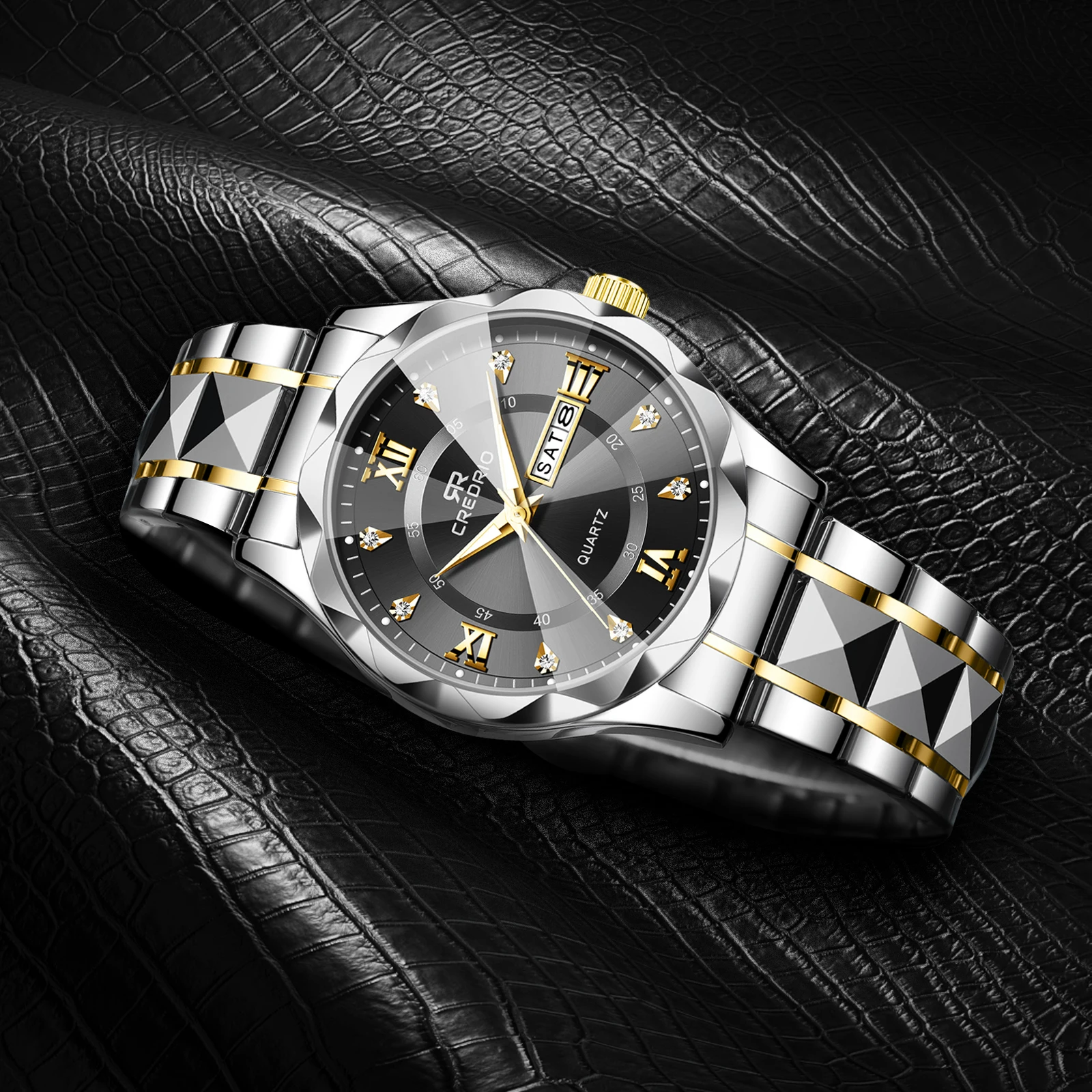 Men's Watches  Rhinestone Luxury Luminous Waterproof Double Calendar Week Quartz Movement Stainless Steel Fashion Business Watch 6