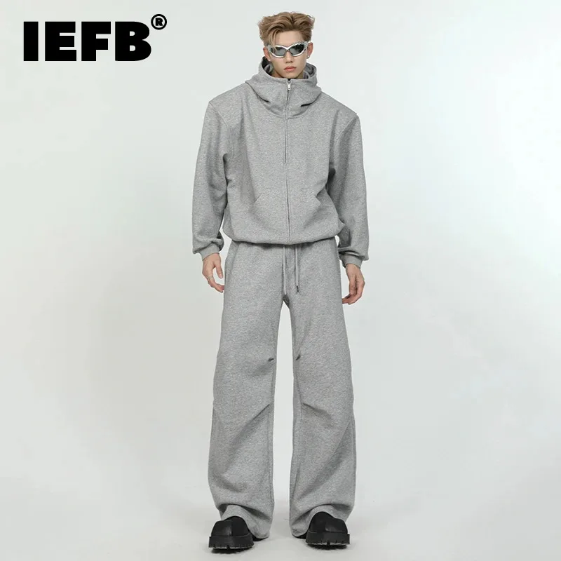 

Повседневная Толстовка IEFB из двух предметов для мужчин, Минималистичная кофта на молнии с длинным рукавом, со складками, эластичная талия, широкие штаны, трендовые летние 9C6540