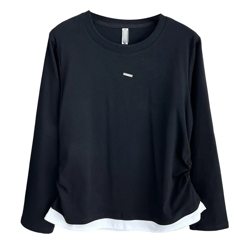 Plus Size Women's Long Sleeve T-Shirts With Fold Waist Autumn Fake Two Pieces O-Neck Metal Label Tees 7028