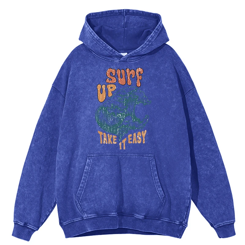 thumbnail image 1 of Sudaderas casuales con capucha para hombre, estilo retro desgastado, lavado Surf Up Take It Easy, moda de otoño, 100 % algodón, ropa holgada, 1 of 5