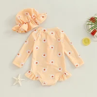 Infant Baby Girls Swimsuit with Hat Toddler Long Sleeve Flower Print Zipped Swimwear Bikini Children Swimwear Kids Bathing Suit 2