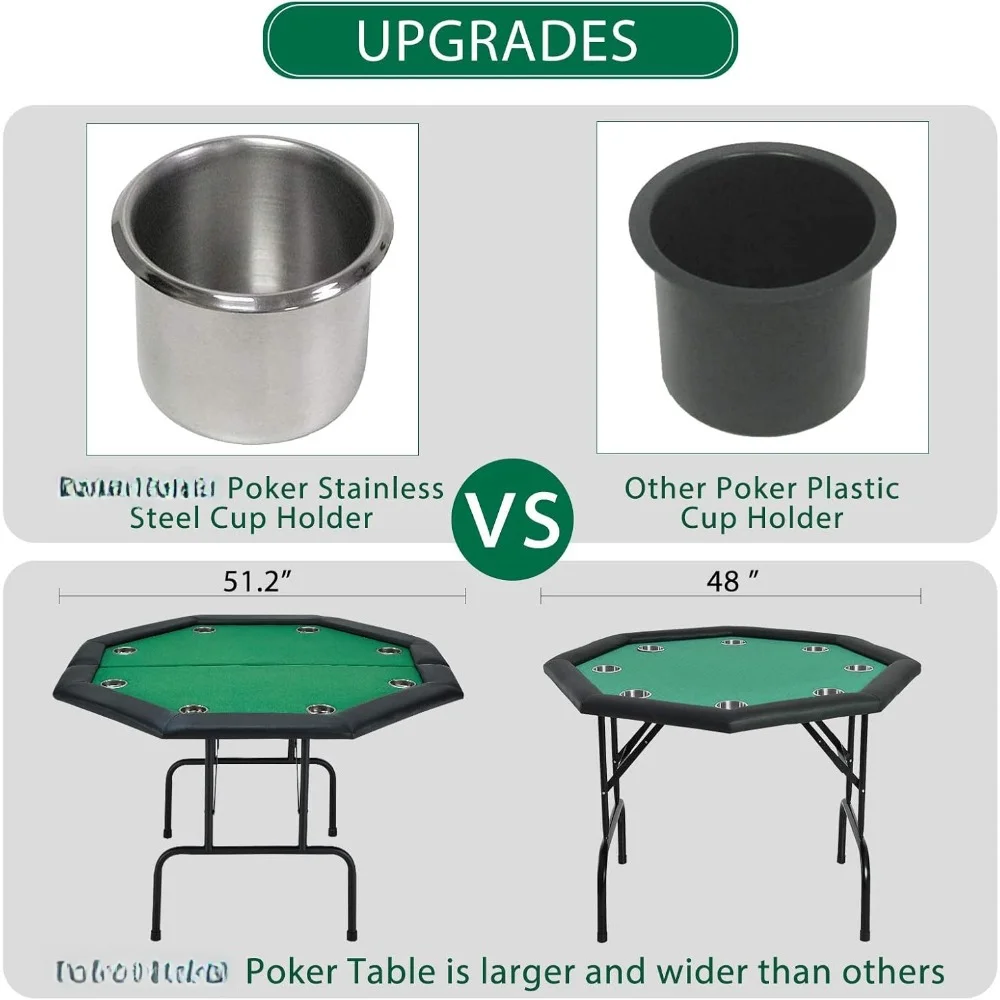 Game Poker Table Stainless Steel Cup Holder Casino Leisure Top Texas Hold'em Table 8 Player Leg Green Felt