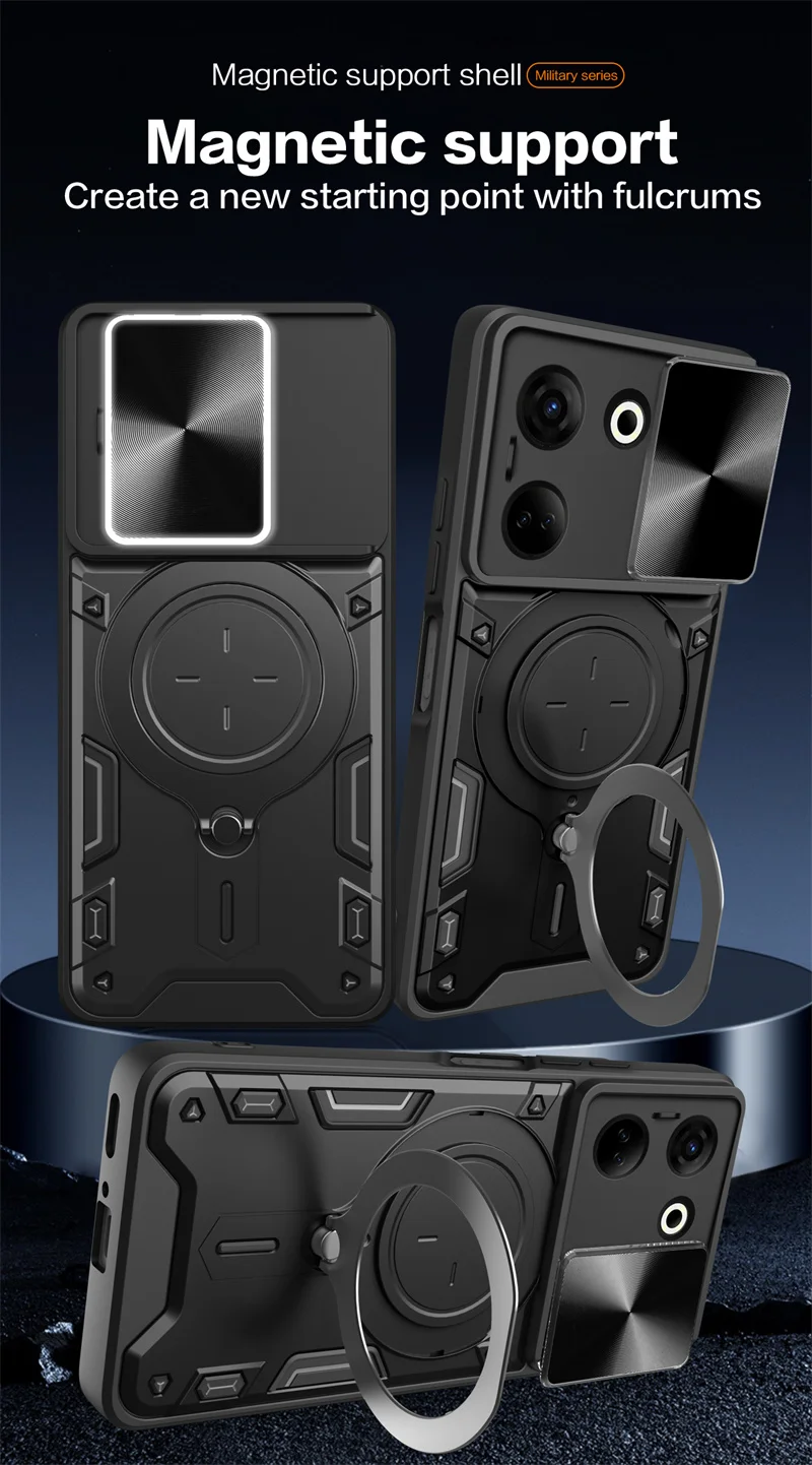 Magnetic Car Holder Ring Armor Phone Case with Slide Lens Protection