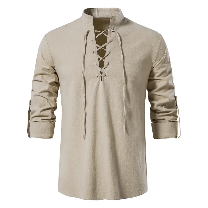 

Men's V-Neck Lace-Up Long-Sleeved Henley Shirt Plain Cotton Linen Loose Casual Men's Stand-Up Collar Shirt