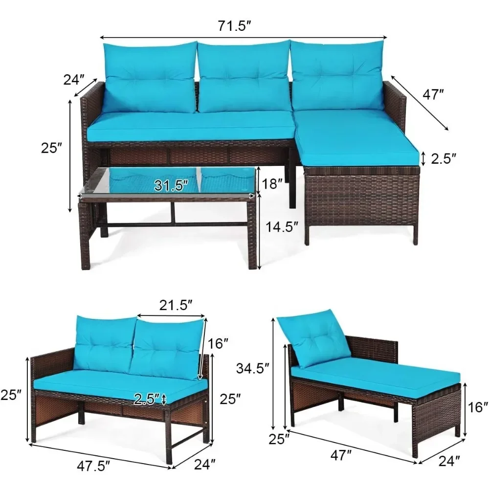 Patio Corner Sofa Set 3 Piece, Outdoor Rattan Sofa Set, Includes Lounge Chaise, Loveseat & Coffee Table, Patio Garden Poolside 5
