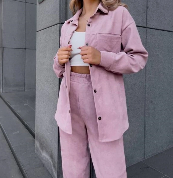 Women Corduroy 2024 Spring Summer Fashion and Warm Satin Velvet Metal Button Long Sleeved Shirt and Calf Pants Clothing Outfits