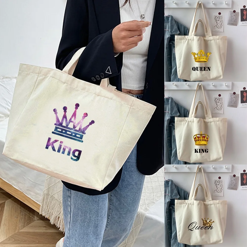 Women's Bag Casual Large Capacity Shoulder Bags Shopper Canvas Fashion Harajuku King&queen Pattern Print Couple Shopping Handbag