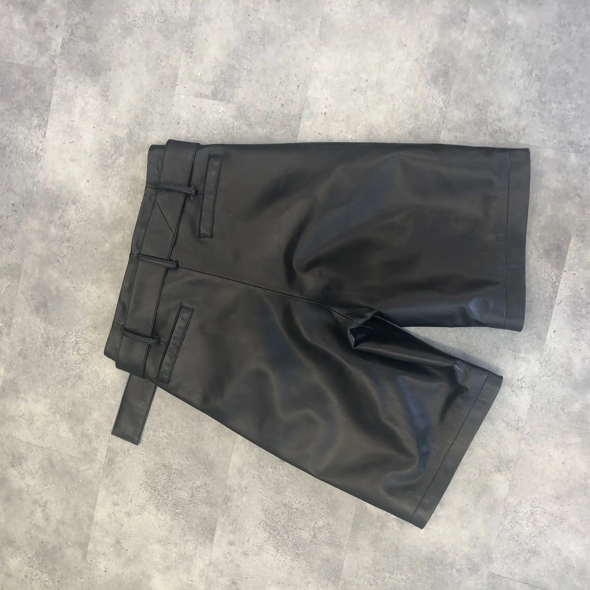 Pele de Carneiro Calças de Couro Outono Couro Genuíno Cintura Alta Fina Pernas Largas Versátil 5 Pontos Shorts Moda Feminina Preto 14 Computers & Electronics