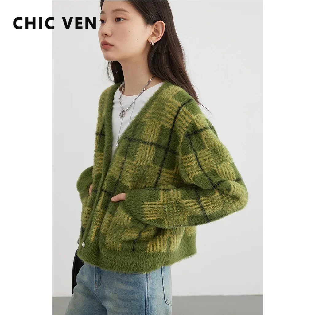 CHIC VEN Women's Cardigan Single Breasted New Vintage Plaid Sweater Soft Woman Jumpers Female Top Winter Autumn 2023 1