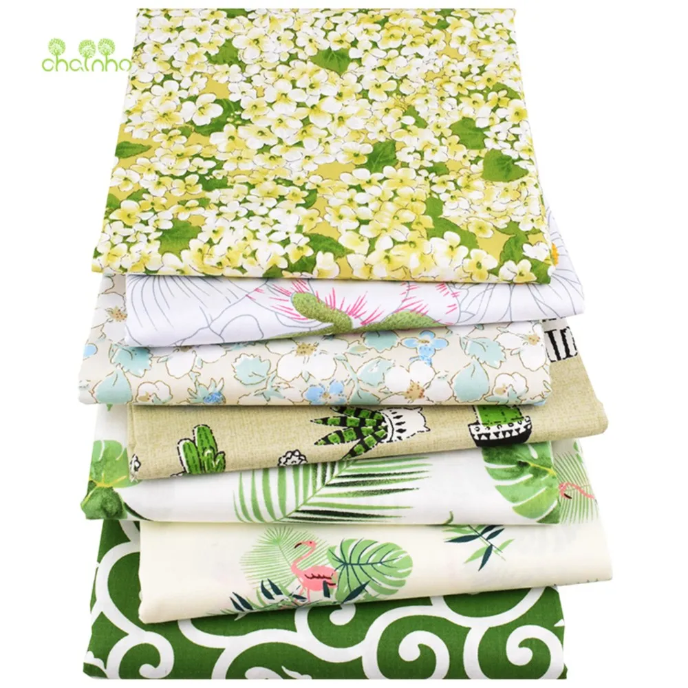 Chainho,Printed Twill Weave Cotton Fabric,DIY Sewing Quilting Material,Patchwork Cloth,7 Green Floral Series,2 Sizes,15C265