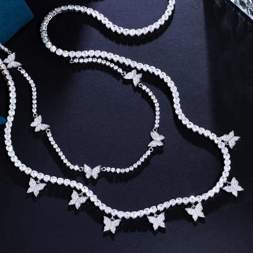 ThreeGraces 82cm Elegant Cubic Zirconia Silver Color Insect Butterfly Long Sweater Chain Necklace for Women Party Jewelry PN199