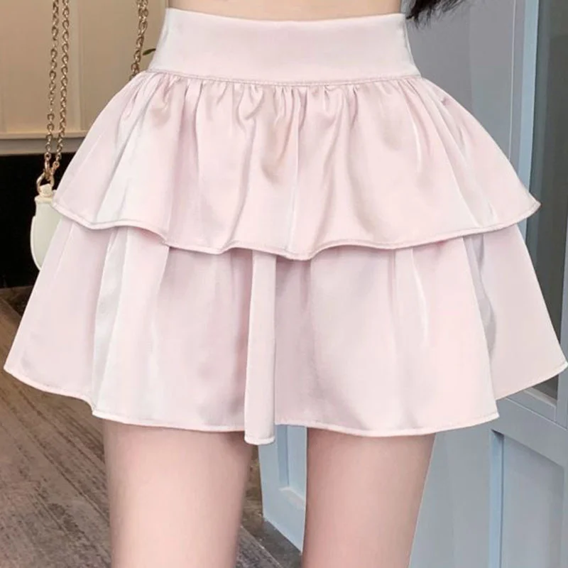 

sweet solid color mini short skirt female korean high waist patchwork puffy skirts woman 2023 summer sexy ruffles tiered skirt
