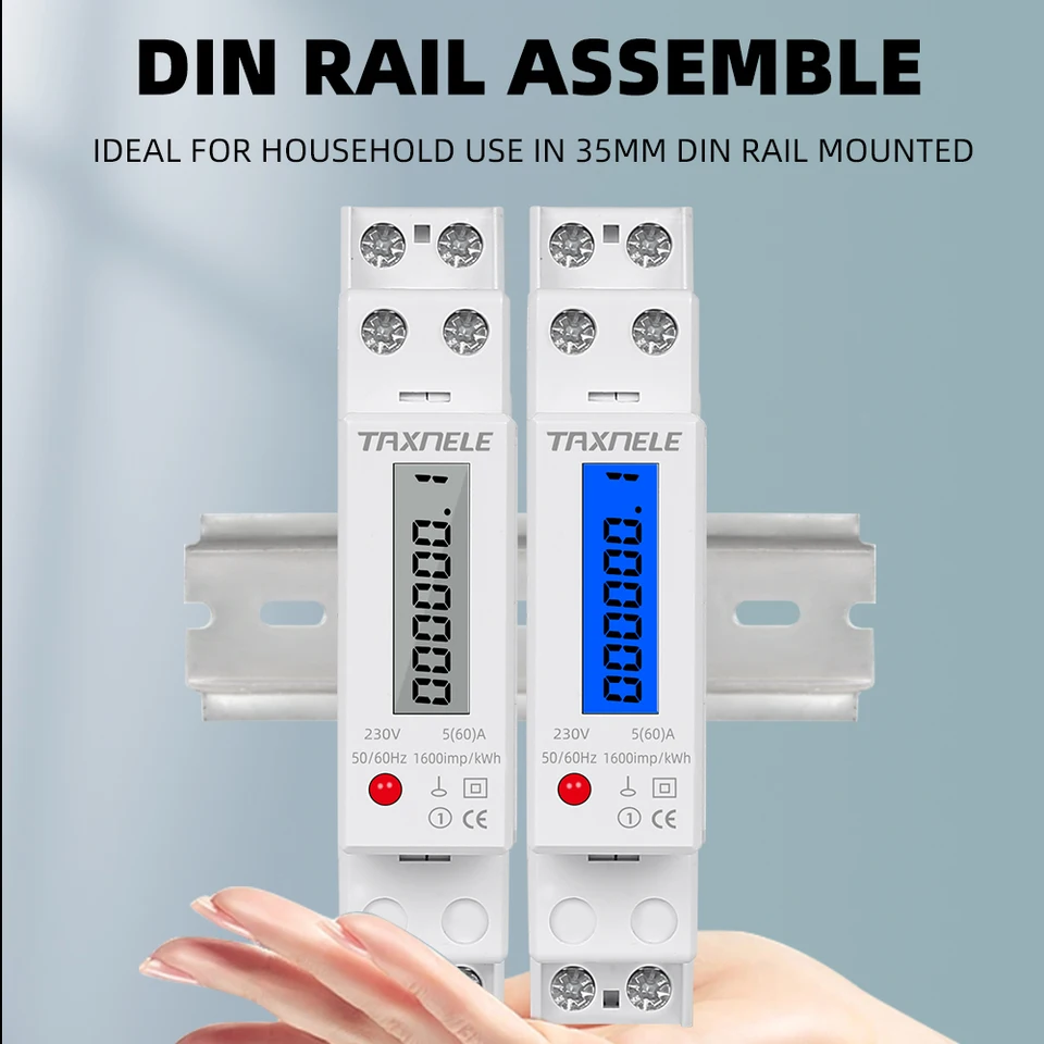 Wattmetro Digitale Monofase 230V 50Hz, 18mm, Display LCD, Installazione Su Guida DIN, Per Consumo Energetico