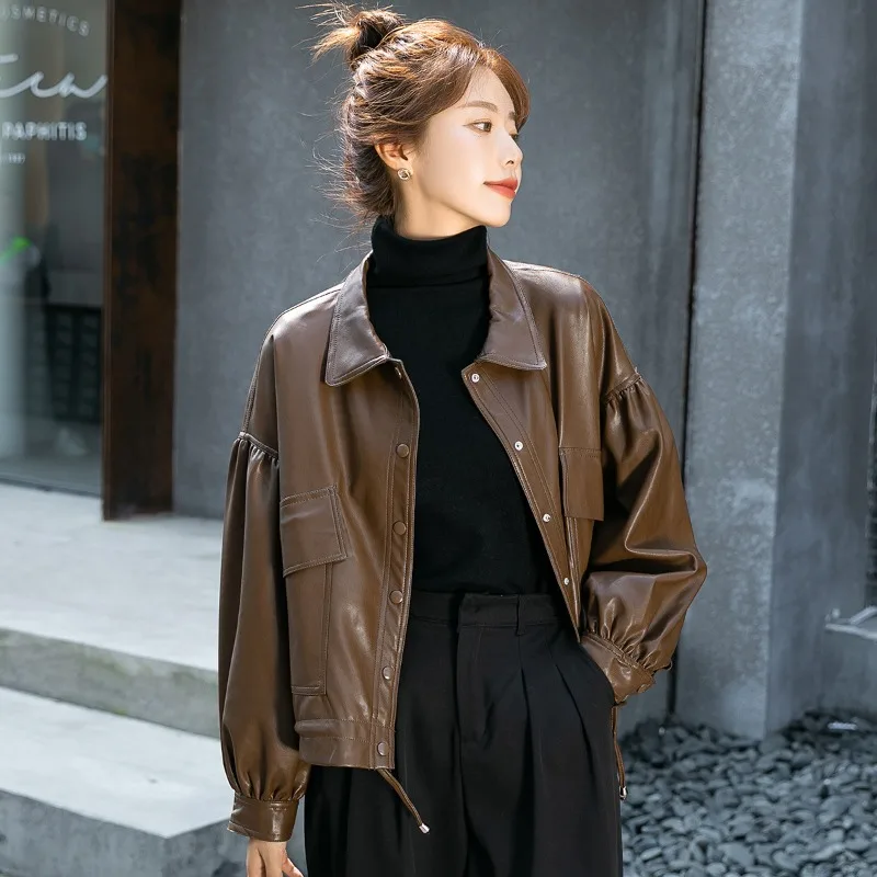 2023 Autumn Spring New Short Leather Coat Women Version Long Sleeve Single Outerwear Brown Loose Casual Leather Jkacket