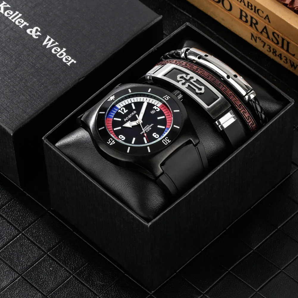 Leisure Watch Men Luxury Gift Set for Boyfriend Silicone Calendar Waterproof Quartz Wrist Watch with Bracelets Set Reloj Hombre