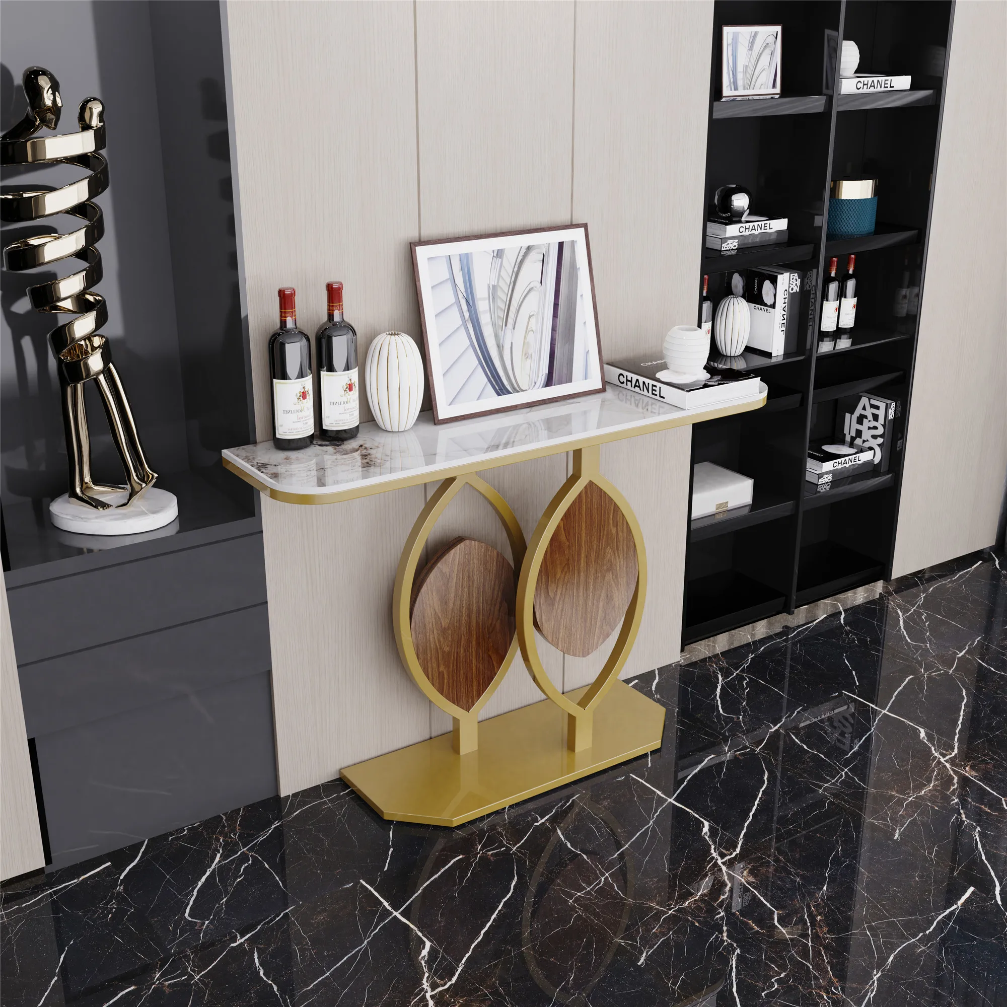 Console Table Modern Gold with Geometric Metal Base Sintered Stone Narrow Entryway Table Foyer for Entrance Living Room