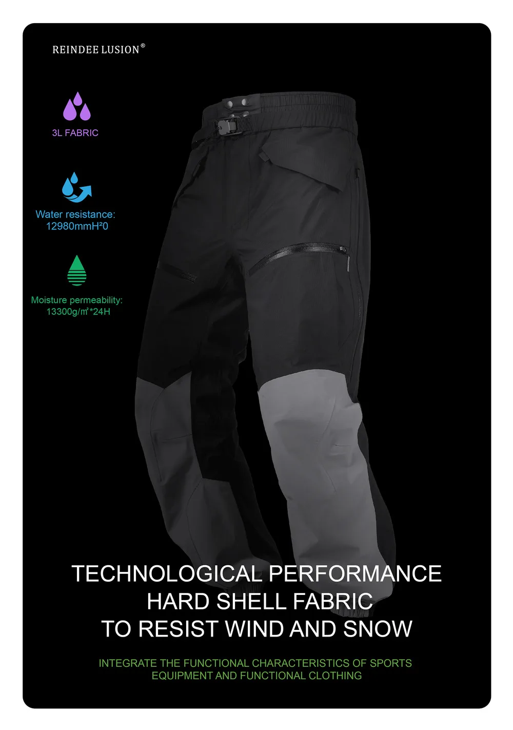 Reindee Lusion 23aw All-weather hard-shell 3L outdoor ski pants rubbered waistband multiple pockets side zipper techwear