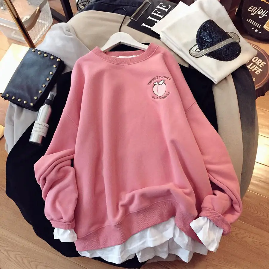 Warm Keeping Thickened Sweatshirrt Female Large Oversized Kawaii Clothing Pink Tops Autumn Winter Korean Style Hoodies for Women
