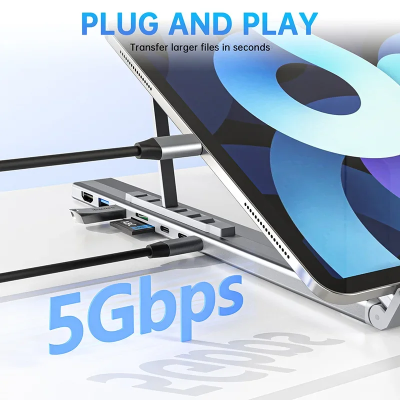 USB 타입-C 허브가 있는 범용 노트북 스탠드, 노트북 홀더 브래킷, HDMI, SD, TF 메모리 카드 슬롯, 맥북, 아이패드 프로, 레노버용