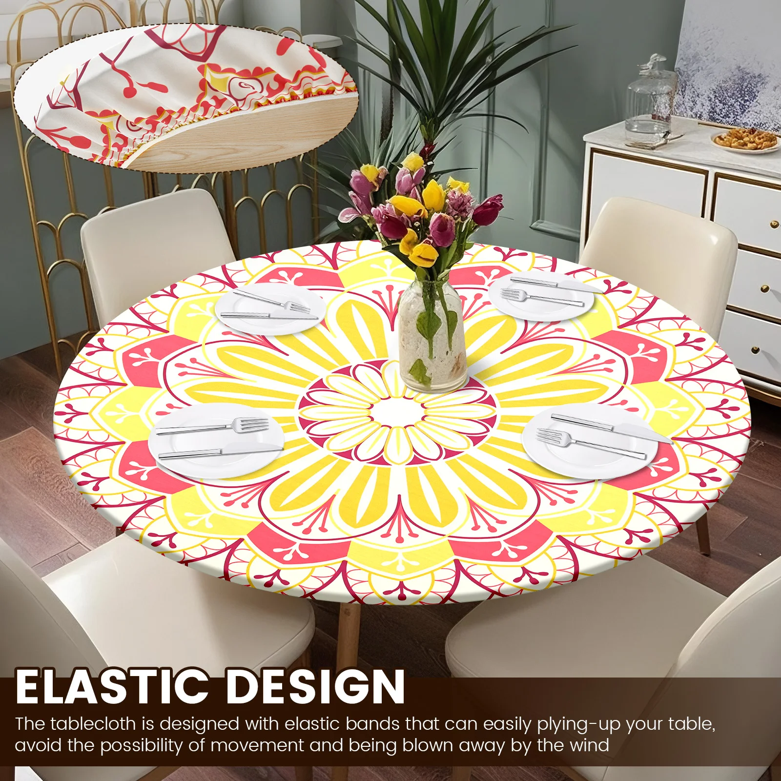 Round Tablecloth Polyester Waterproof Table Cloth with Elastic Band Decorative Printing Tablecloth for Dining Table Protection