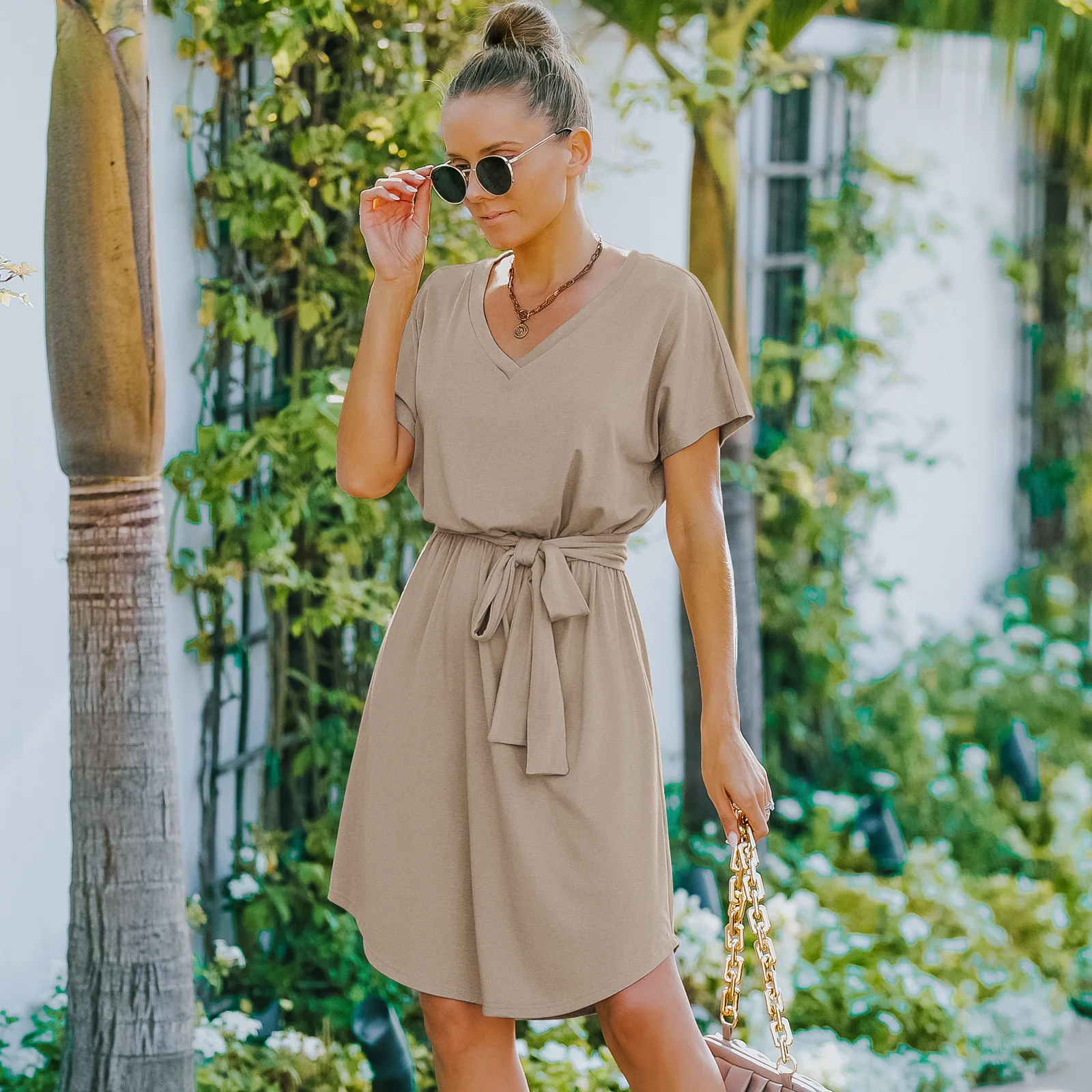 

2022 summer new V-neck high waist solid short sleeve dress short skirt women white dress dress for women