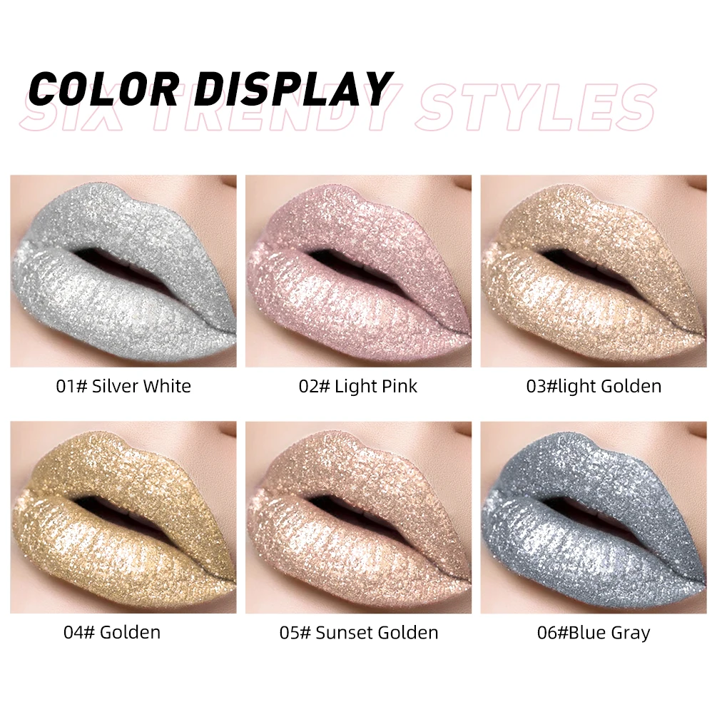 QIBEST Glitter Diamond Liquid Lipstick Waterproof Long Lasting Pearl Shiny Lip Gloss Metal Charming Women Lip Makeup 6 Colors 5