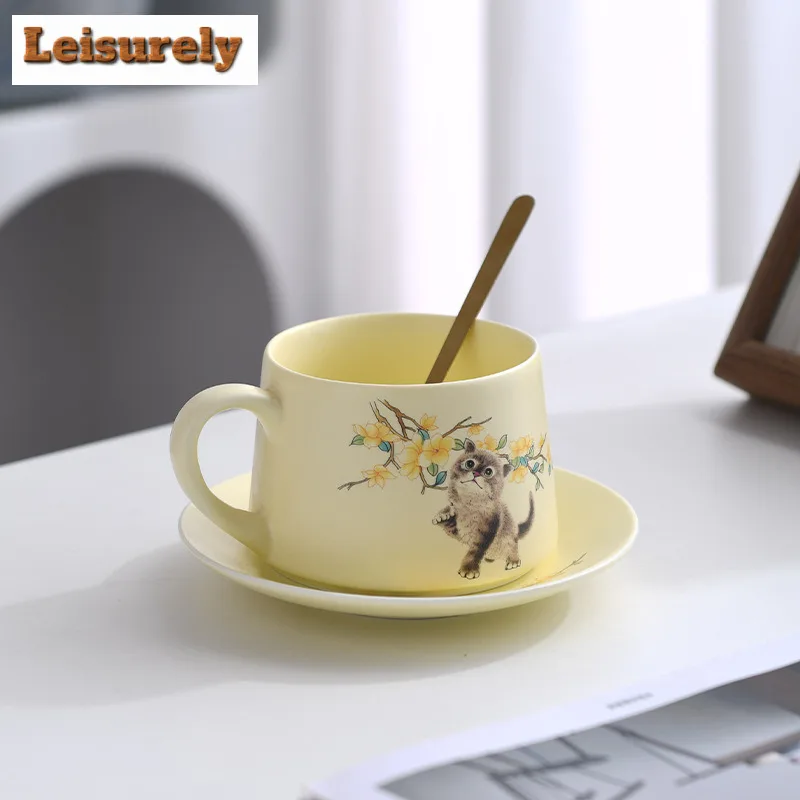 280ml Hand Drawn Cute Cat Coffee Mug With Plate Couple Handgrip Cups Afternoon Tea Mug Coffee Milk Pot Cup Saucer Kit Teaware