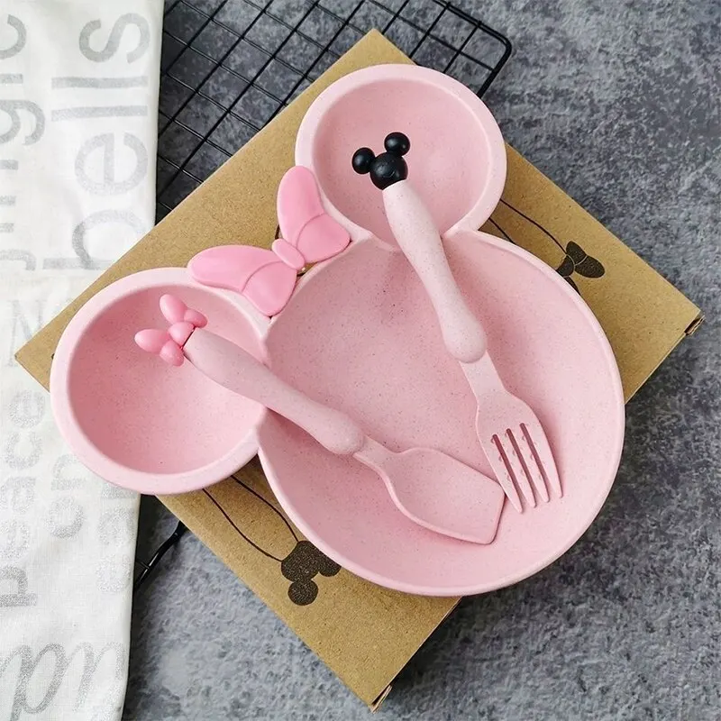 Tableware Set 3Pcs/set Cartoon Baby Bowl Wheat Straw Children's Dishes Kids Dinner Feeding Plate Bowknot Food Plate Spoon Fork