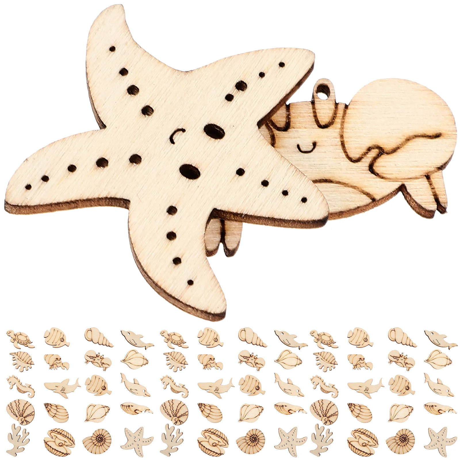 

100pcs Unfinished Marine Animal Shaped Slices Sea Life Wooden Slices DIY Wooden Animal Cutouts Painting Wood Slices