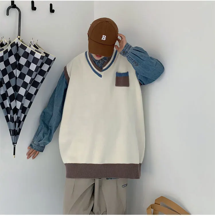 Description Picture 5 of itemSweater Vest Men Spring V-neck Japanese Vintage Contrast College Knitted Fashion Loose All-match Sleeveless Clothing V42