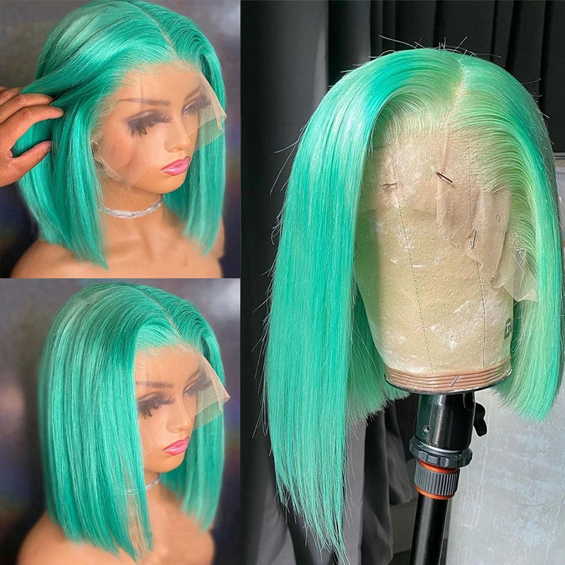 Green Colored Straight Short Bob Pixie Cut T Part HD Transparent Lace Wigs Human Hair 13X4 Frontal Wig For Woman Pre Plucked