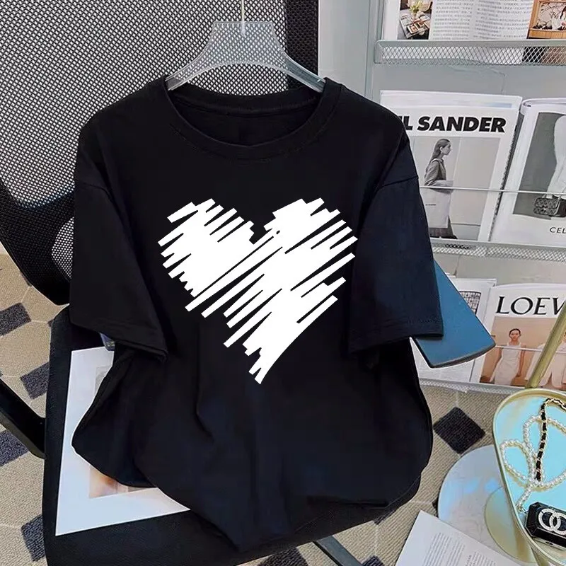 

Trendy love print men's and women's black short-sleeved women's cotton T-shirt summer couple loose T-shirt undershirt top