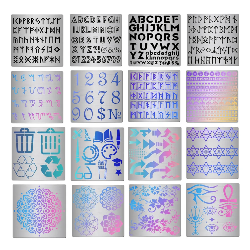 Plantilla de Runas de Metal con alfabeto antiguo, plantilla de dibujo para pintura, artesanías de grabado