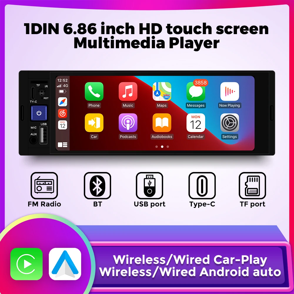 MEEllDE-Autoradio Carplay Android avec écran tactile HD, lecteur MP5, magnétophone à limitation universelle, AUX, USB, audio FM, 1 Din