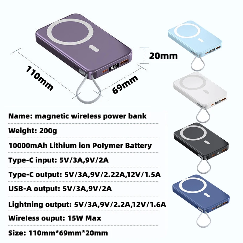 2024 신형 10000mAh 마그네틱 무선 보조 배터리 22.5W 급속 충전기, iPhone 15 14 13 12 Pro Max 외장 보조 배터리 팩