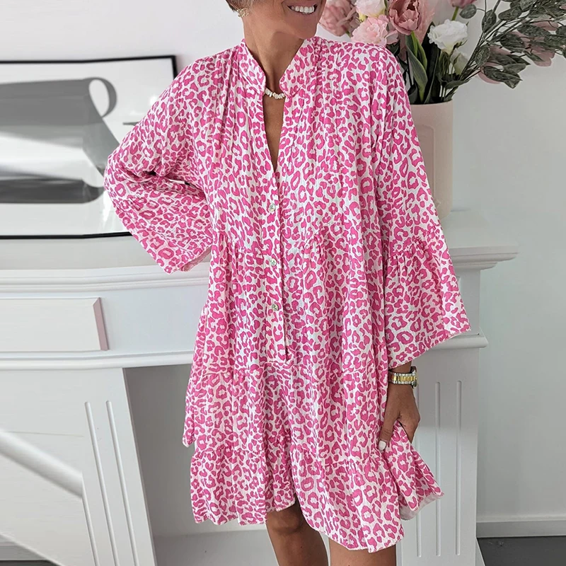 

Casual Holiday Long Sleeved Summer Dresses Elegant V-neck Button Pleated Dress Women Spring Floral Print High Waist Loose Dress