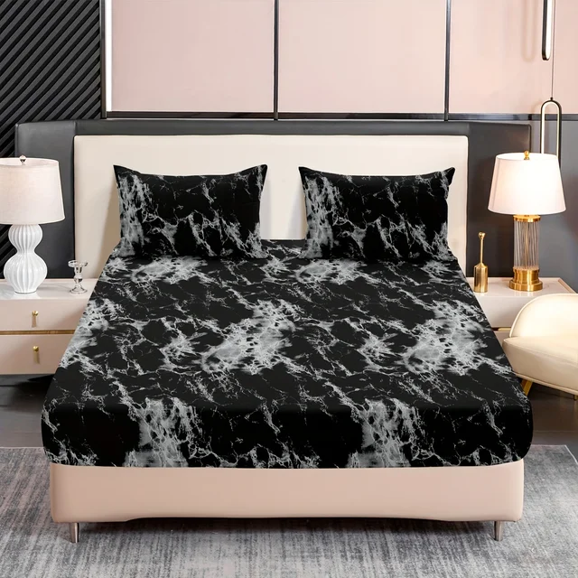 Ensemble de draps ajustés 3 pièces imprimé marbre – Tissu microfibre ultra doux et respirant, hypoallergénique, résistant aux rides, facile d'entretien – 2